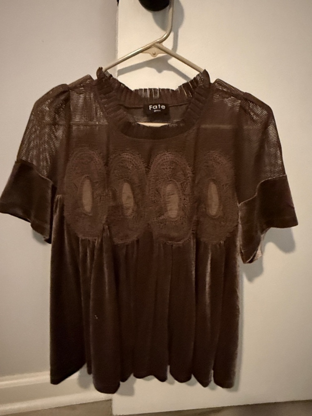 Fate Chocolate Velvet Lace Yoke Short Sleeve Blouse